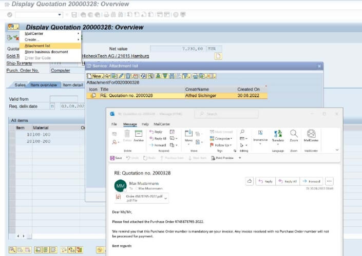 Ejemplo de fragmento de Outlook a pantalla de SAP - Mostrar presupuesto