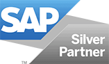 SAP-Logo über einem diagonalen grauen Banner mit der Aufschrift „Silver Partner“, mit blauem Hintergrund und Farbverlaufseffekten.